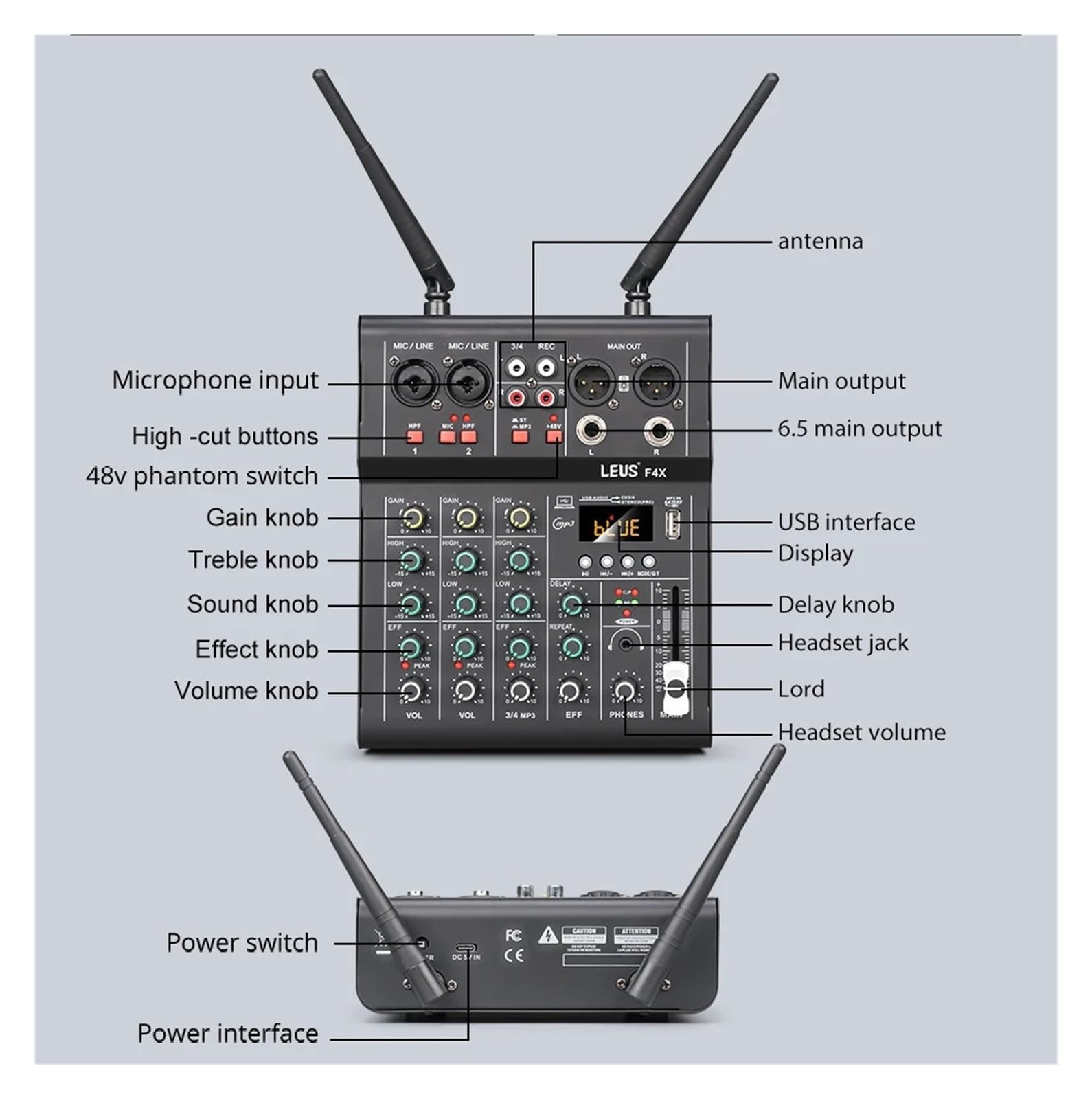 Mixer per DJ, F4X Mixer a 4 canali con Doppio Microfono Wireless UHF Console DJ Mixaggio for la Registrazione in Studio di PC for Feste