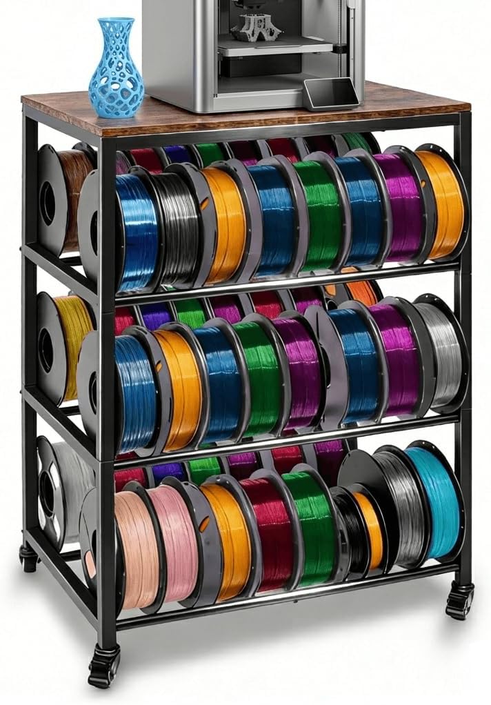3D Printer Stand with Filament Storage, 4-Tier 3D Printer Table Cart Filament Storage Rack with Wheels, Heavy Duty Metal 3D Printer Desk Shelf for Studio Garage Office Workshop