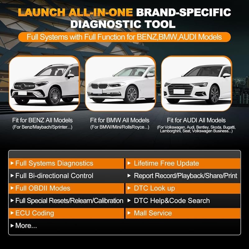 LAUNCH X431 Elite V2.0 BBA Diagnostic Tool showing supported brands and features