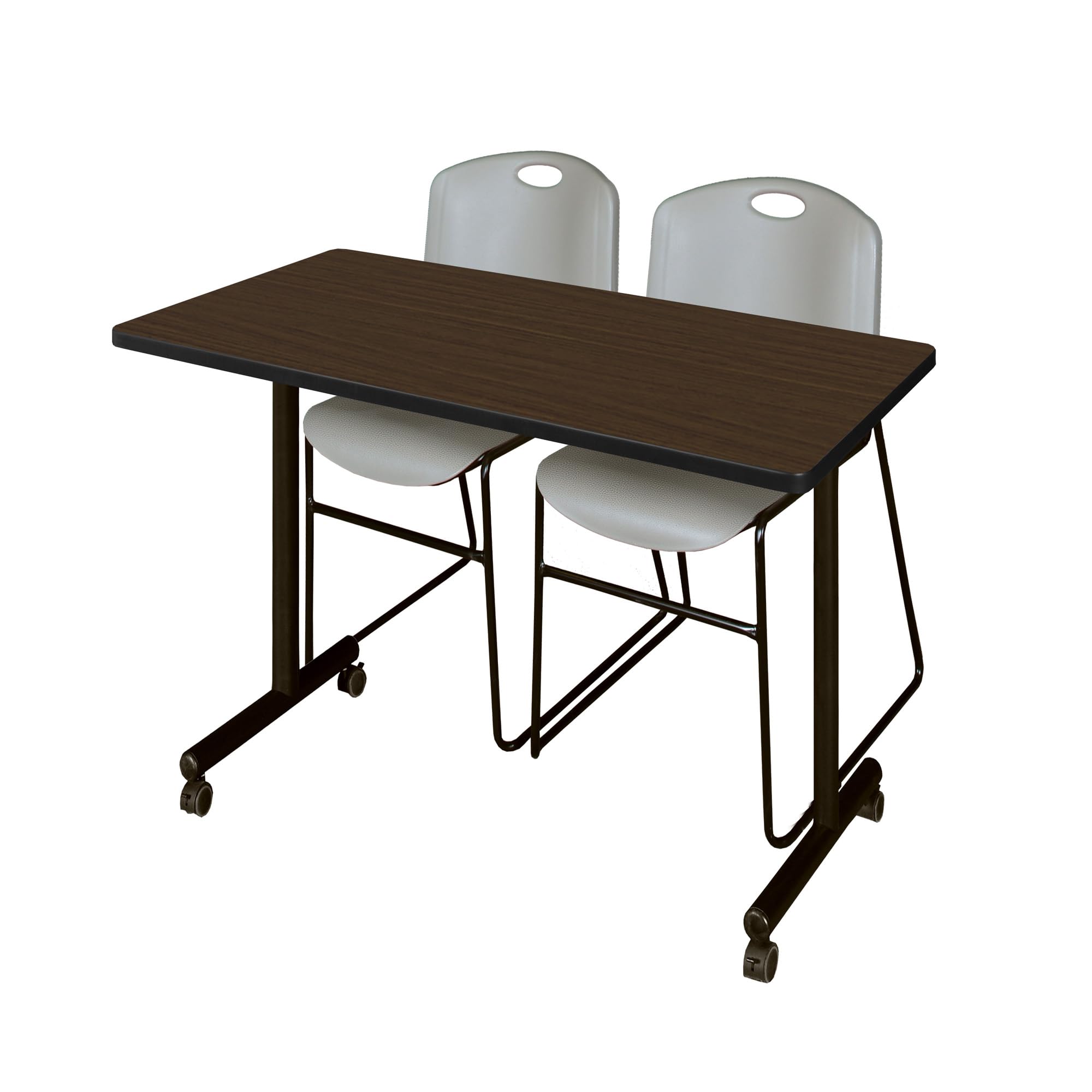 Regency Kobe 48 x 24 in. Mobile T-Base Training Table- Neo Walnut, 2 Zeng Stack Chairs- Grey