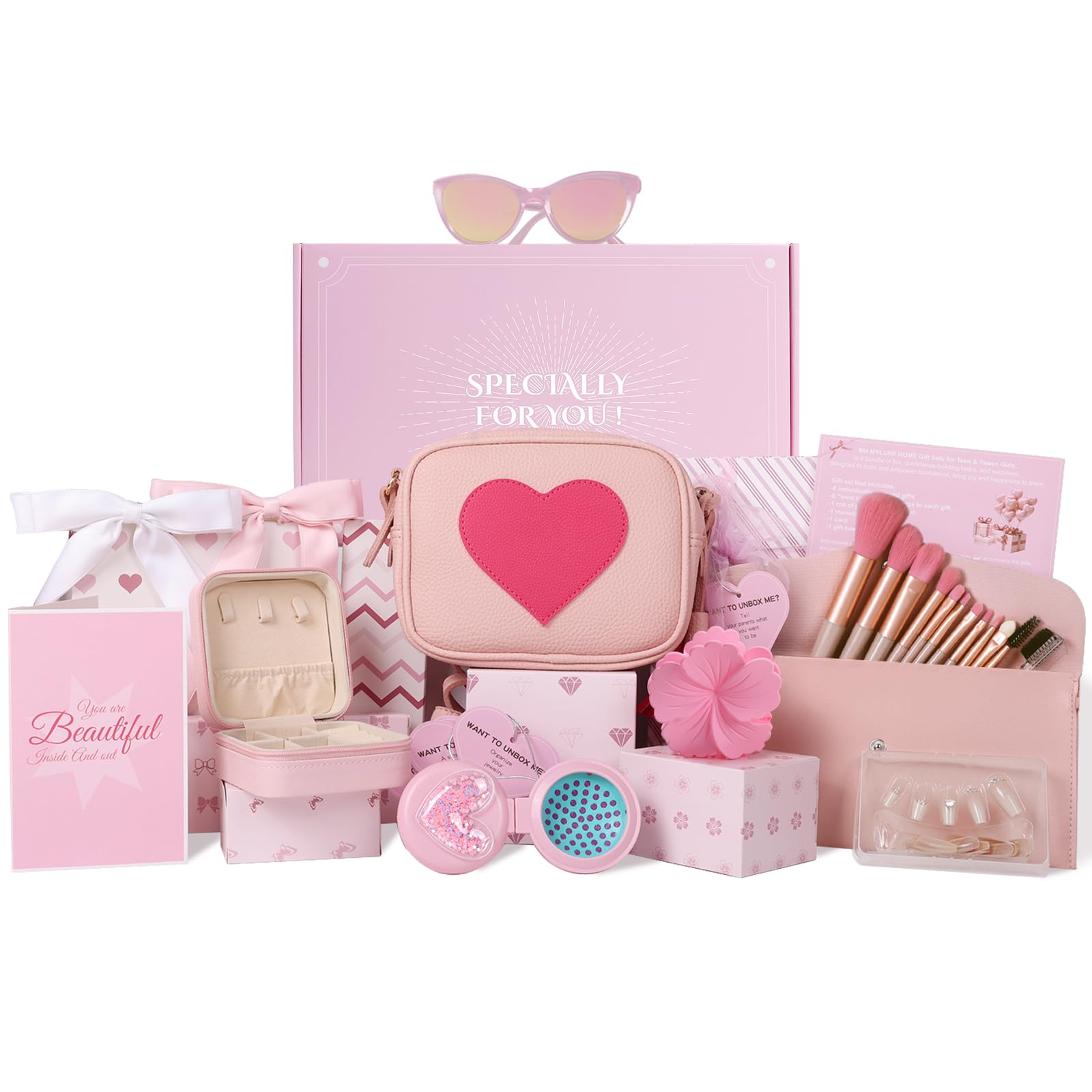 MH MYLUNE HOME Gifts for Teen Girls, Pink Gifts Basket Birthday Graduation Gifts box Set for Teen Tween Girl Age 6-18, 8 Individually Wrapped Gifts in