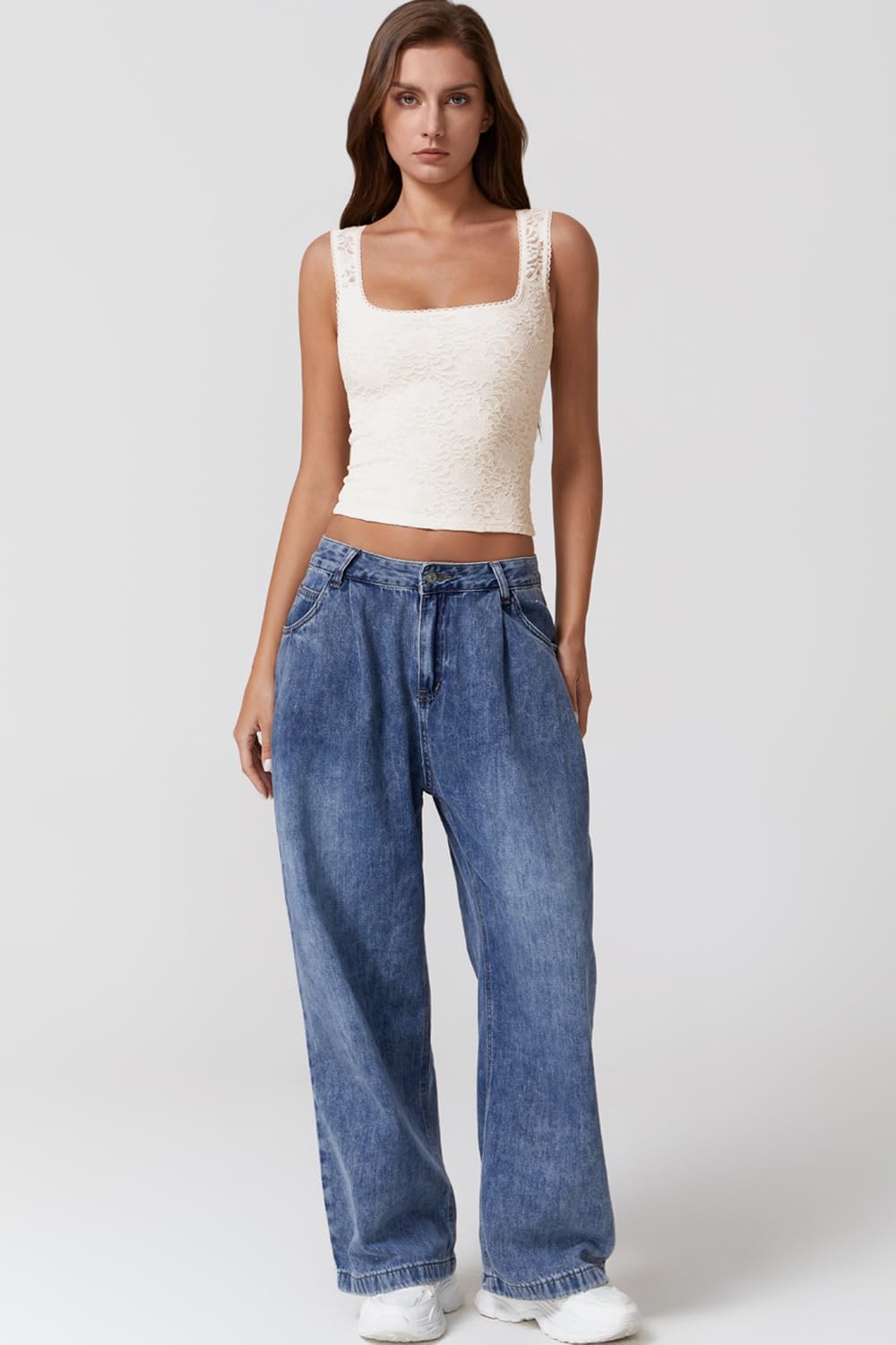 QINSEN Women's Lace Trim Square Neck Sleeveless Double-Layer Tank Top - Image 5