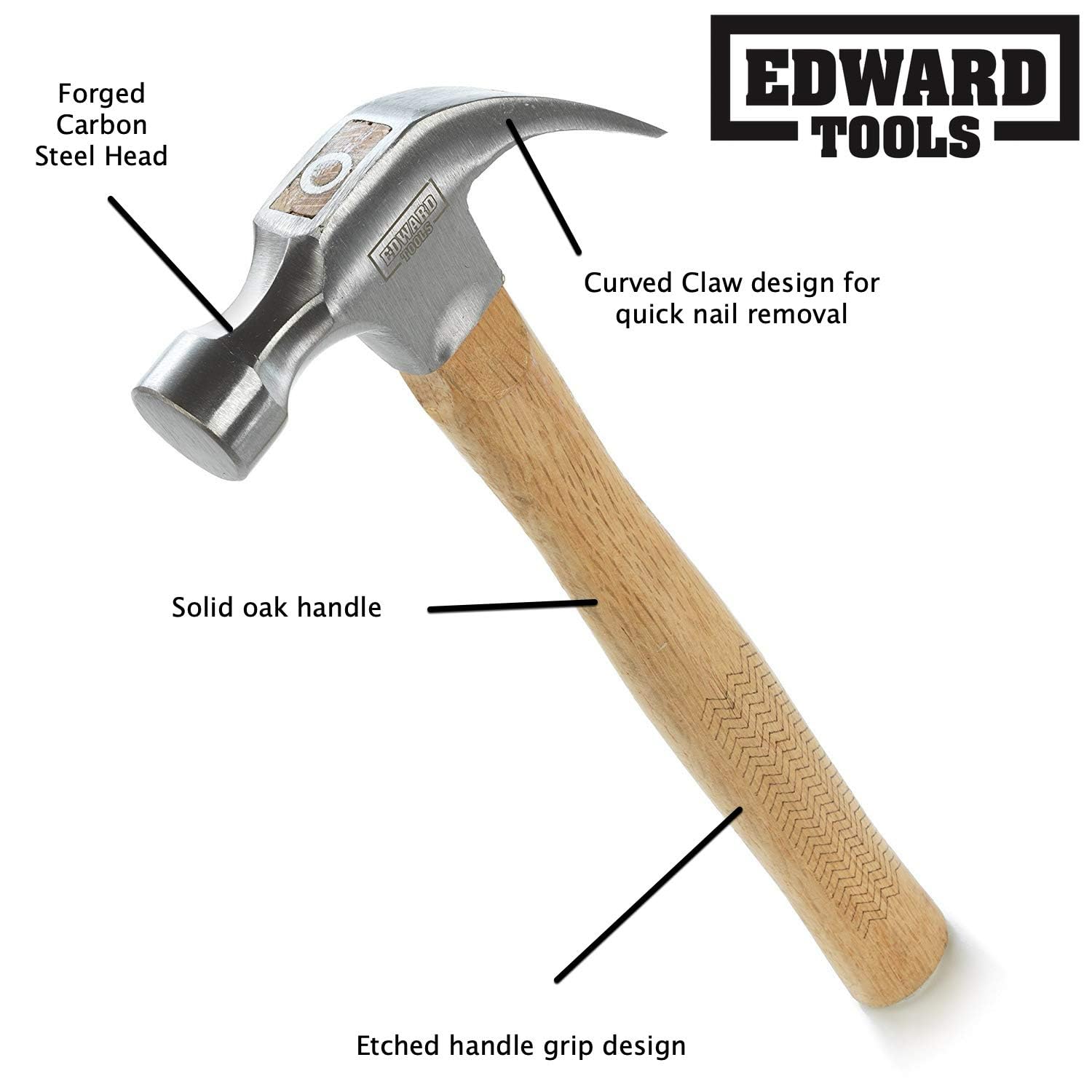 Edward Tools - Martillo de carpintero (acero al carbono, mango de roble macizo grabado para una mayor durabilidad y agarre, mango antivibración)