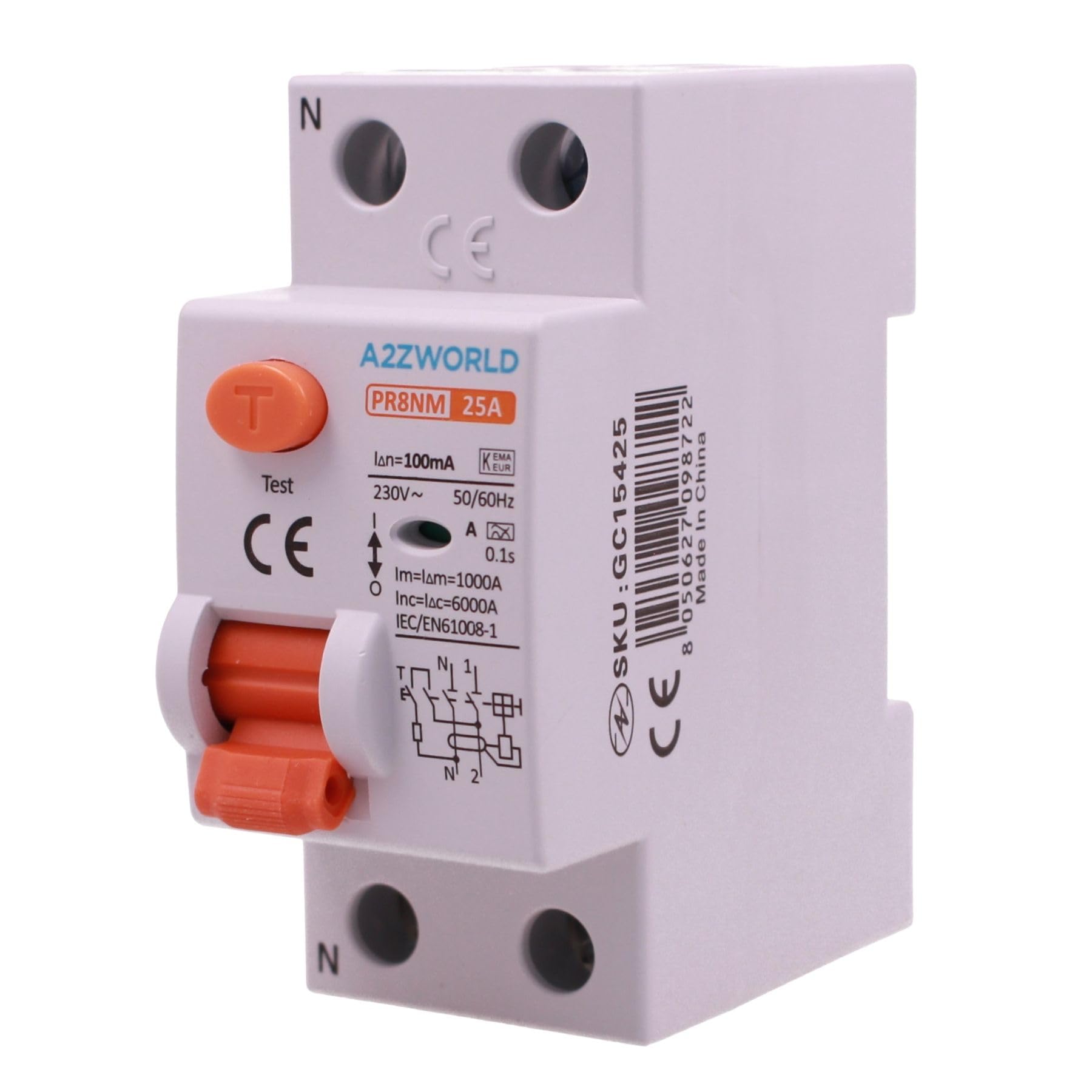 Interrupteur différentiel pur type A, sauveteur 100 mA 25 A, RCCB 1P+N 6 kA 220 V, 2 modules DIN, série PR8NM électromécanique, certifié IEC61008-1
