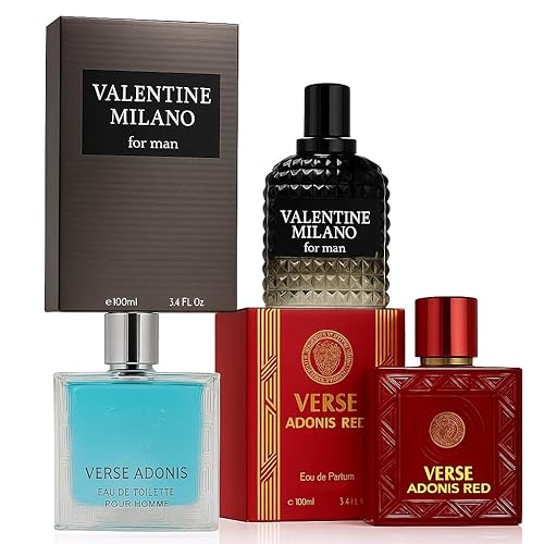 Set de regalo de colonia para hombre de 3 piezas – Verse Pour Homme, Adonis Red & Valentine Milano – Aromas duraderos de cítricos, floral cálido y