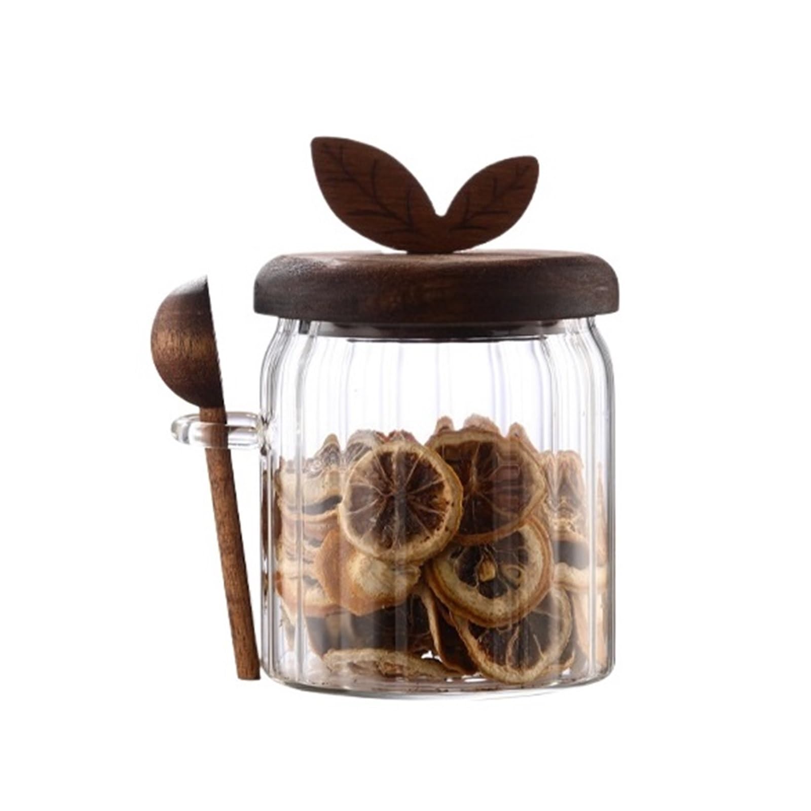 HYFEUOKF 2Pcs Striped Glass Storage Jars For Kitchen Herbs And Spices With Spoons Wooden Lids And Airtight Containers(500ml)