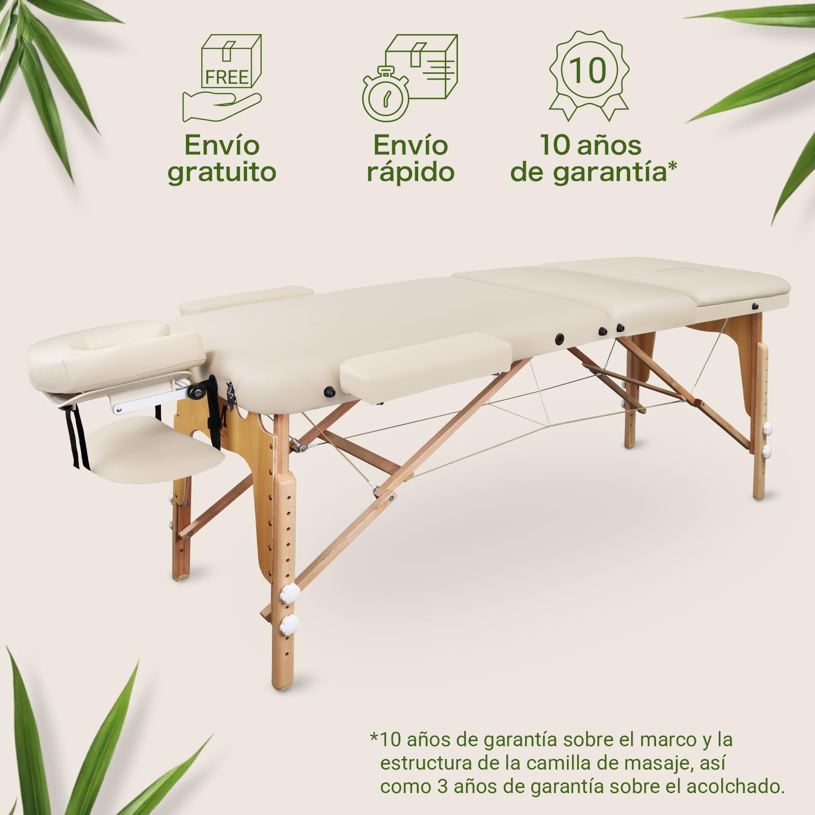MASSUNDA All - Tumbona de Masaje Plegable y de Altura Regulable de Madera Maciza, Mesa de cosméticos móvil con Funda de Rizo, reposabrazos y Respaldo, cojín Cervical, reposacabezas ergonómico