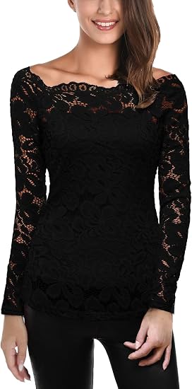 DJT Women's Lace Off-Shoulder Floral 7/8 Long Sleeve Top with Lining - Fitted Casual Blouse for Party Wedding Nightclub, Vintage Black, M: Buy Online at Best Price in UAE