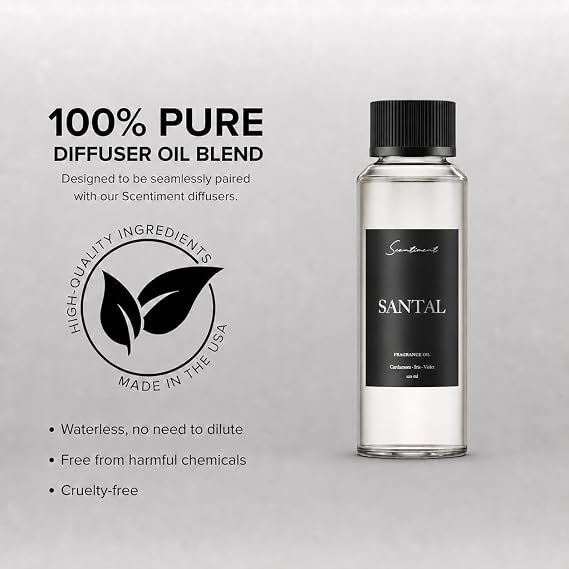 Scentiment Santal Diffuser Oil - Premium Fragrance Oil Refill - 4.06 fl oz | Premium Hotel Scent with Notes of Cardamom, Cucumber, Mint, aromatherapy home fragrance oil, for stylish cold air diffusers