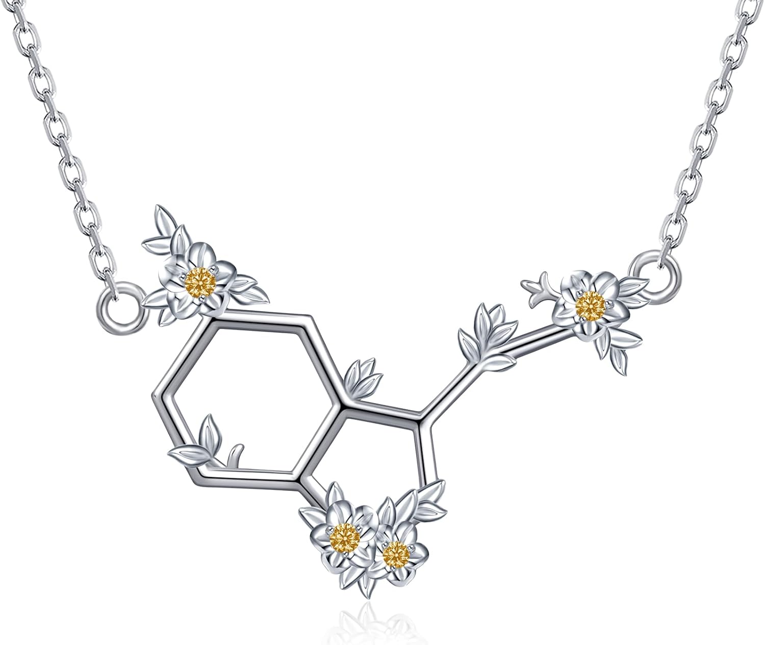 Happiness Serotonin Molecule Necklace for Women 925 Sterling Silver Flower Serotonin Pendant Molecule Necklace Science Jewelry Chemistry Gifts for Women Teacher Professor Chemistry Graduates