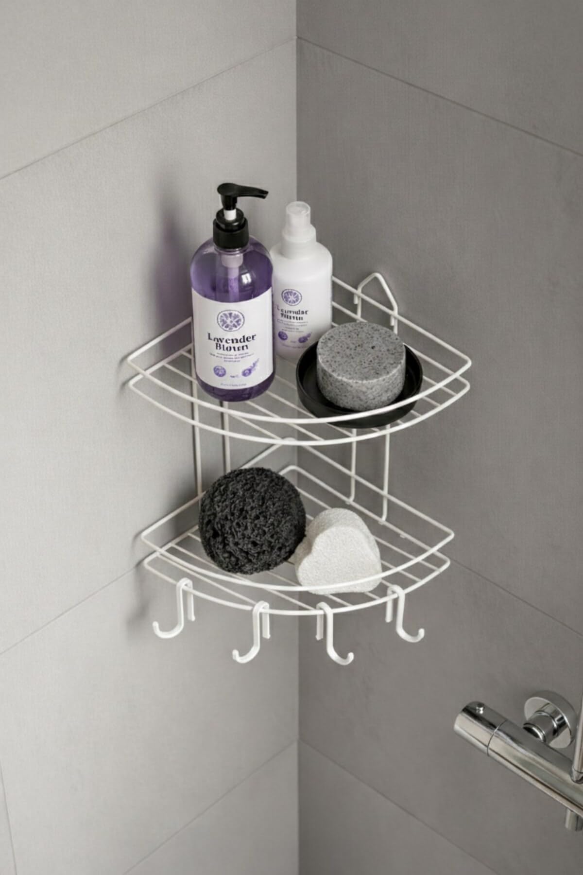 Sas Haus Banyo Köşe Rafı Askılı Duş Organizeri ve Şampuanlık 2 Katlı Beyaz