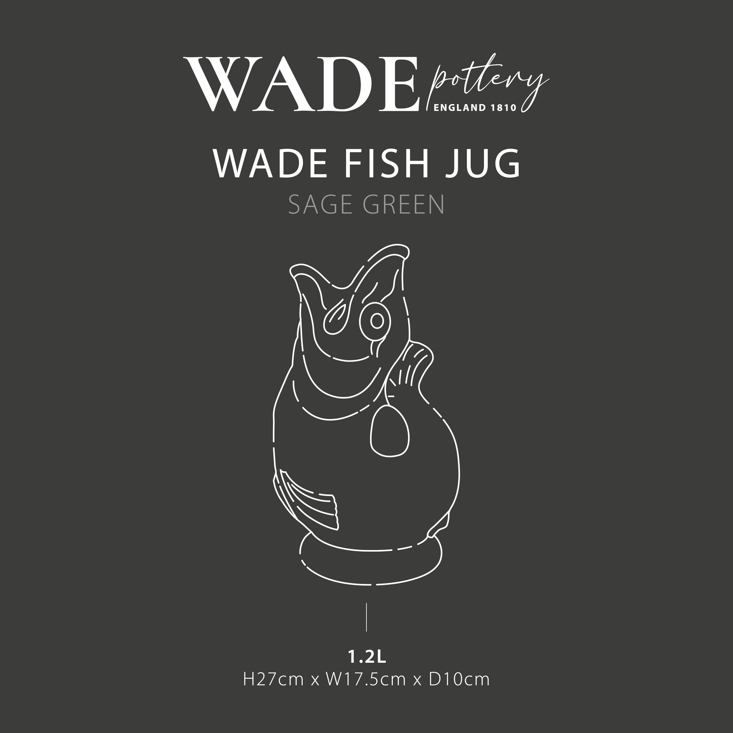 Wade WA967803SGE Pichet à poisson en faïence emblématique du patrimoine britannique fabriqué à Stoke-on-Trent, 1,2 l, vert sauge