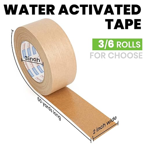 Miniatura 2 de ADHES - Cinta activada por agua de 2 pulgadas x 55 yardas, 3 rollos, cinta de papel kraft reforzada, ecológica, cinta adhesiva fuerte para embalaje,