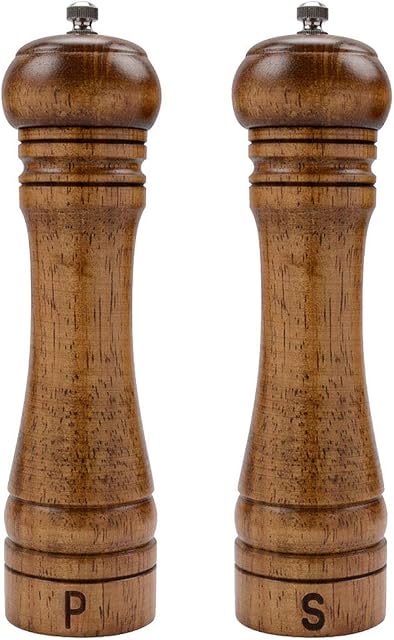 Haomacro Salt and Pepper Mill Set, Wooden Salt and Pepper Grinders, Shakers with Ceramic Core- 8 Inches -Pack of 2