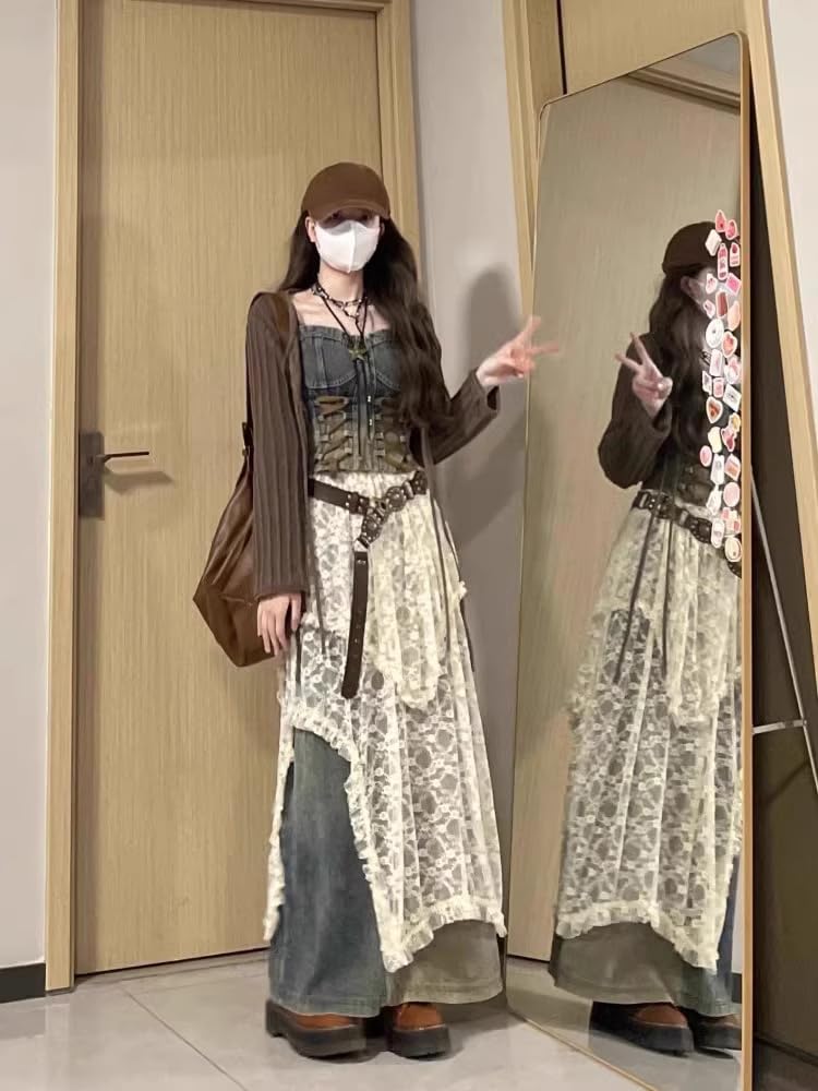 HUANGBAIYI Large Size Fat French Retro lace ??Skirt for Women Spring and Summer Design Long Skirt S1 Skirt XS