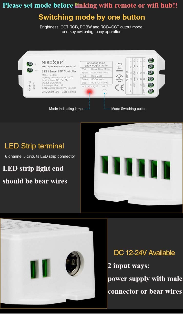 LGIDTECH LS2 LED Strip Lights 5 in 1 Controller,Compatible with Single Color,RGB,RGBW,WW+CW,RGB+CCT LED Strip Lights,Smartphone APP Control via Gateway(Excluded)