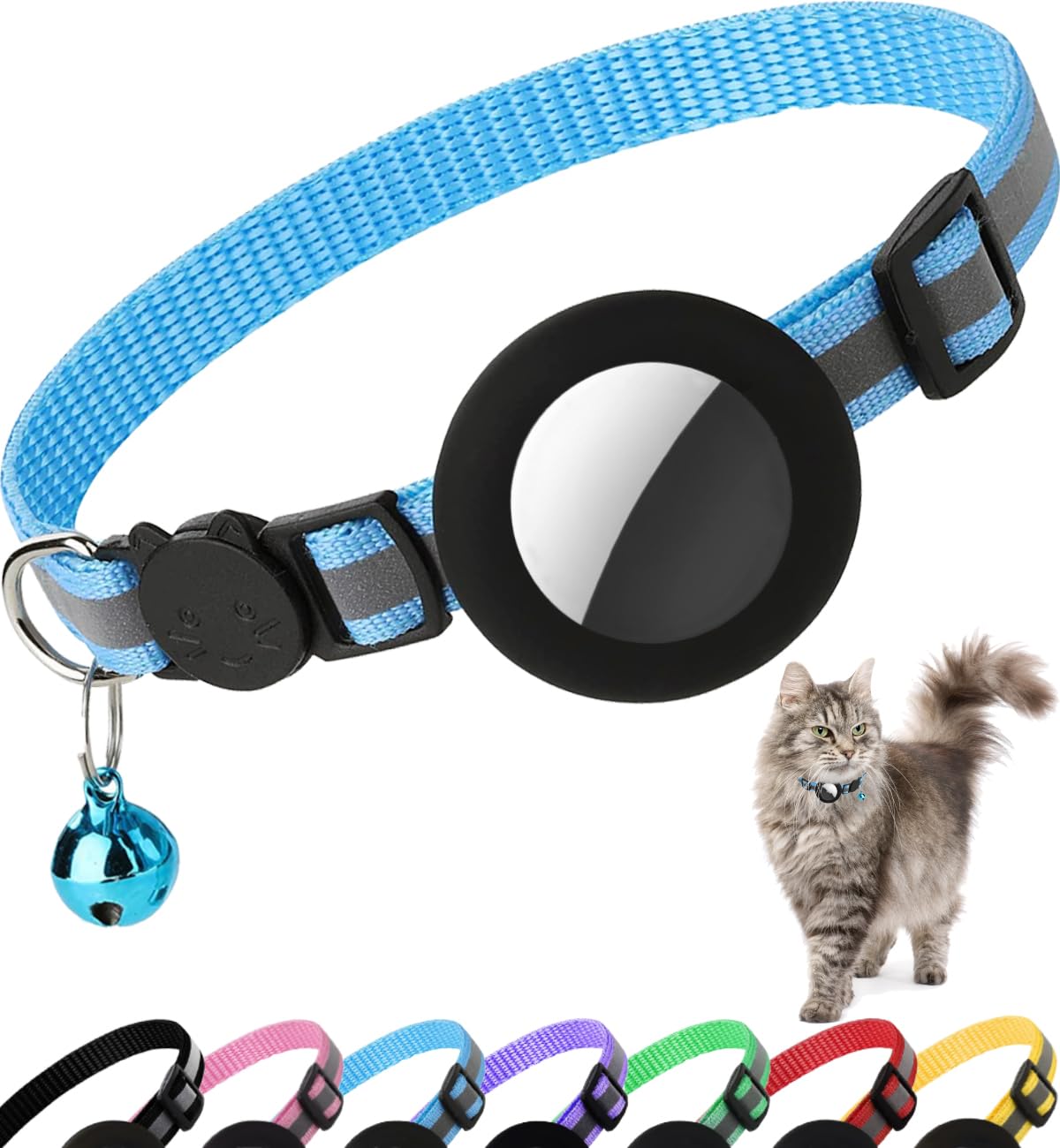 Airtag Cat Collar Breakaway, Reflective Kitten Collar with Apple Air Tag Holder and Bell for Girl Boy Cats, 0.4 Inches in Width and Lightweight (Blue)