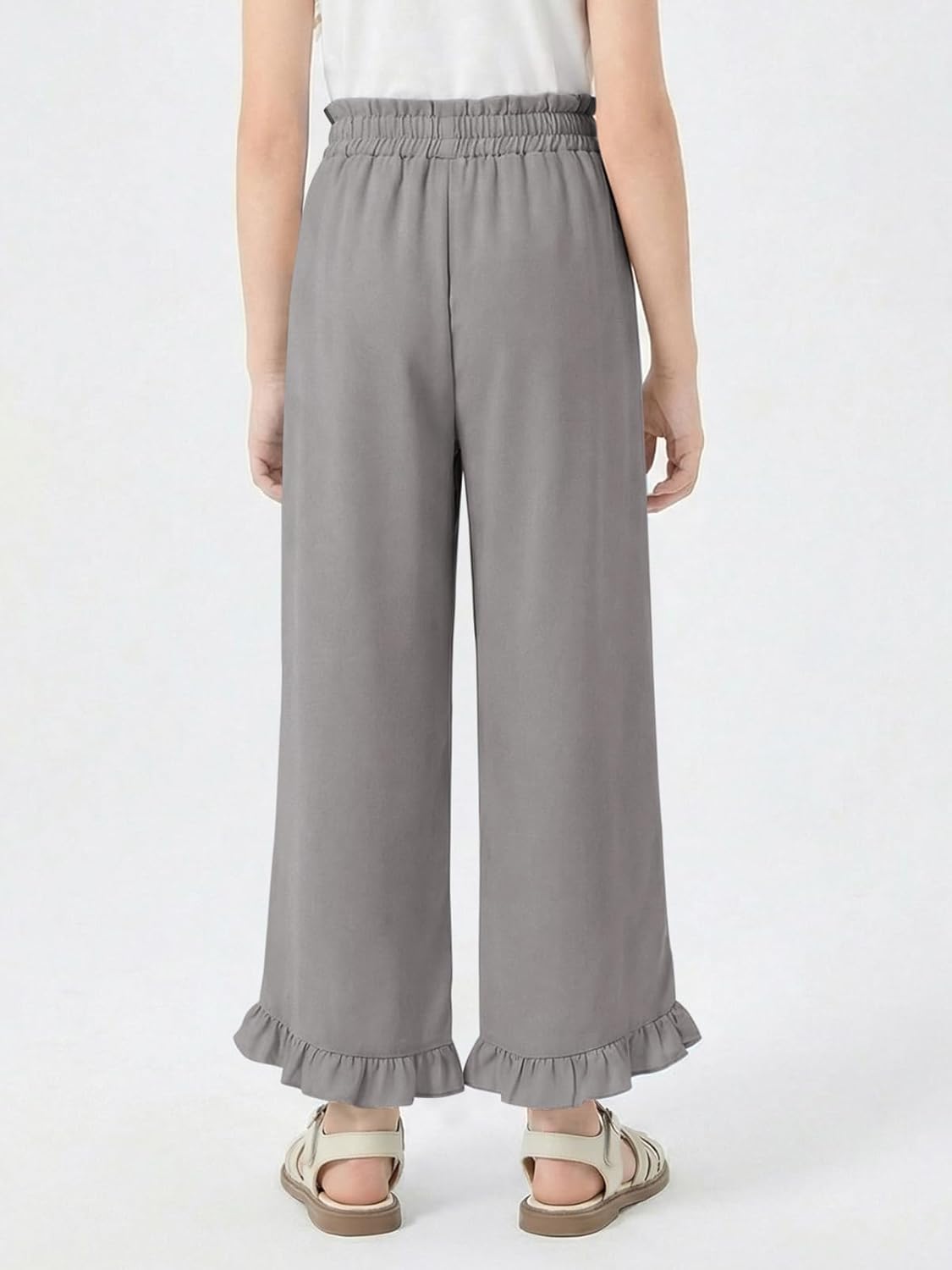Haloumoning Girls Wide Leg Pants Kids Casual Paperbag High Waisted Ruffle Hem Pants Trousers with Pockets 5-14 Years - Image 5