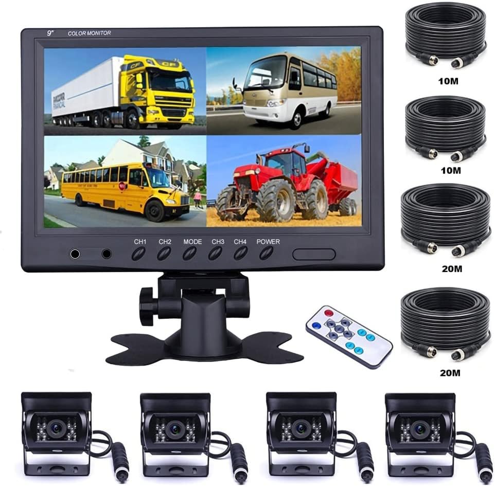 Camecho Vehicle Backup Camera 9 Inch 4 Split Monitor+ 4 Cameras with Front & Rear View Camera 18 IR Night Vision Waterproof Auto Camera with 2x33 ft and 2x65 ft Cables for RV, Trailer, Bus,Trucks
