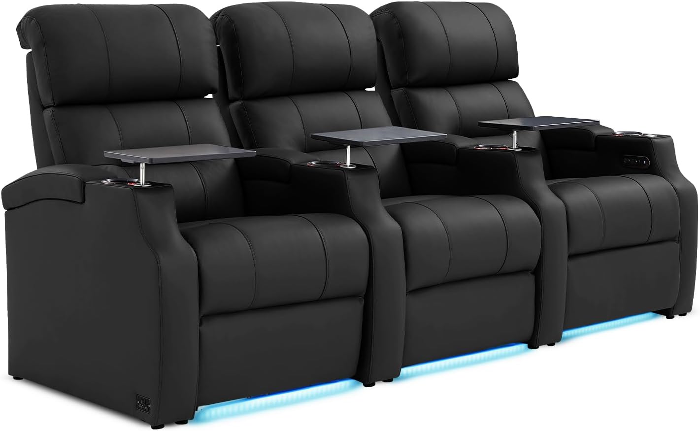 Weilianda Home Theater Seating, Top Grain Leather Sectional Seats Recliner Chair, Zero Gravity Reclining Sofa with Power Headrest 7 Colors Ambient Lighting USB C Charge Row of 3 Black