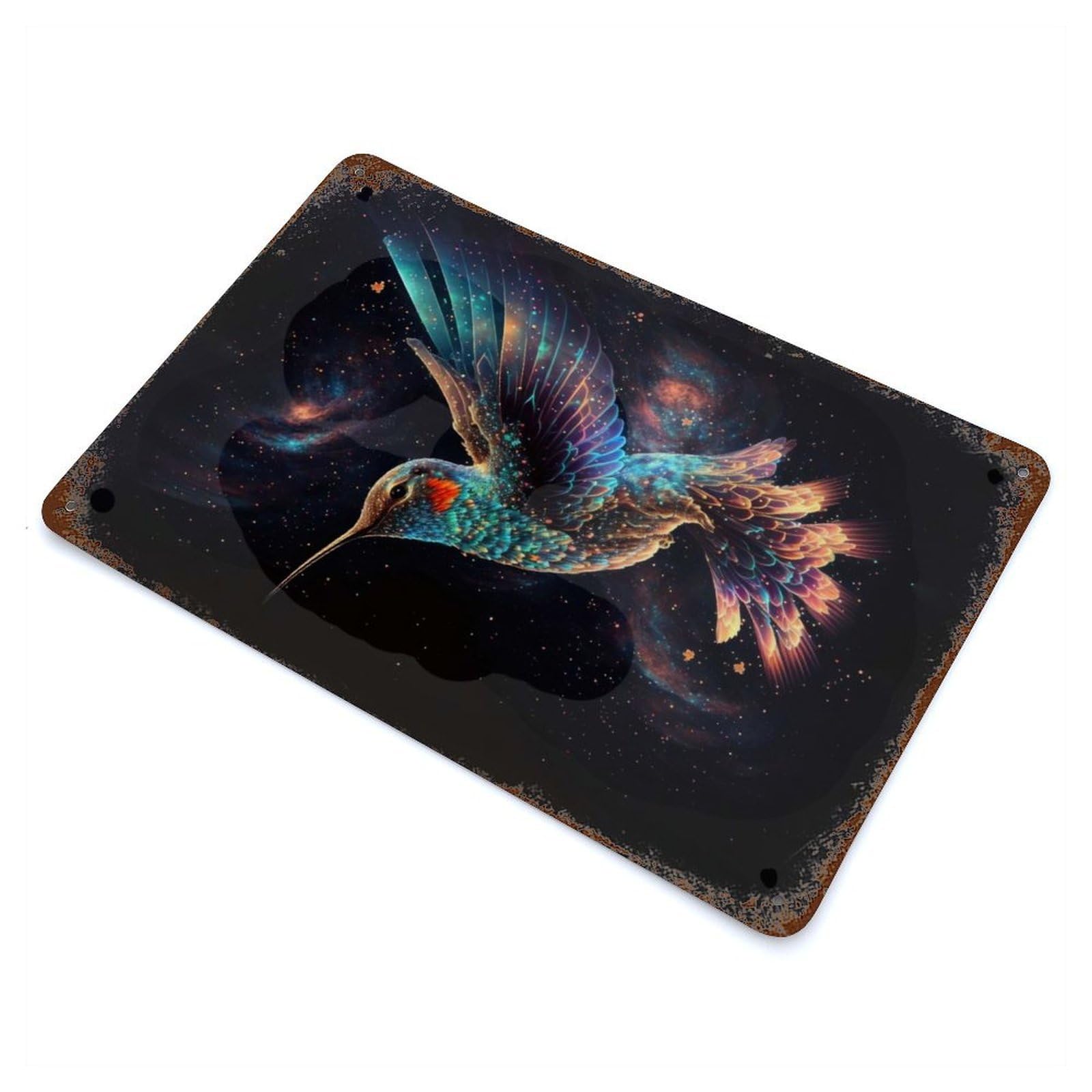 Spectral Hummingbird Vintage Wall Sign 11.8"x7.9", Rust Effect Metal Decor for Patio, Garden Room And Bar Decor