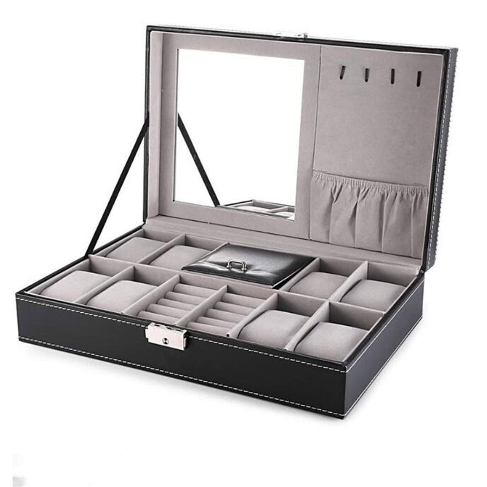 Kosmetik-Schmuck-Aufbewahrungsbox, Leder-Uhrenbox für Herren, 8 Plätze, Uhren-Organizer-Tablett, Schmuck-Display, Schublade mit Deckel