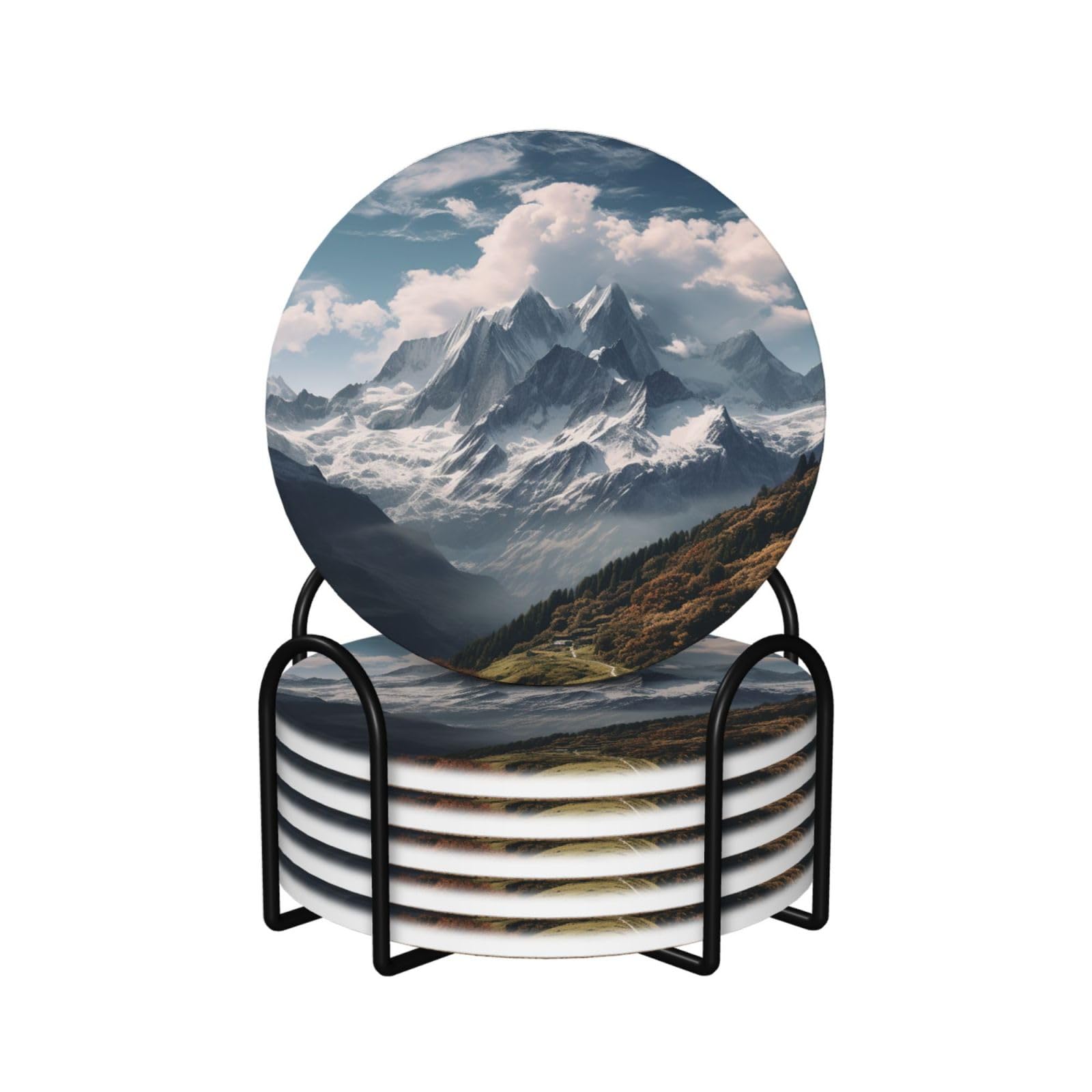 Dessous de verre céramique absorbants lot de 6 avec support et base liège motif montagne