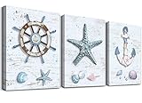 Leinwand Bilder Dekorationen für Zuhause Seestern Dekor Nautisches Badezimmer Dekor Strand Wandkunst Wohnzimmer Küstendekor Ruder Anker Seestern Dekor Leinwand Wandkunst 30x40cmx3