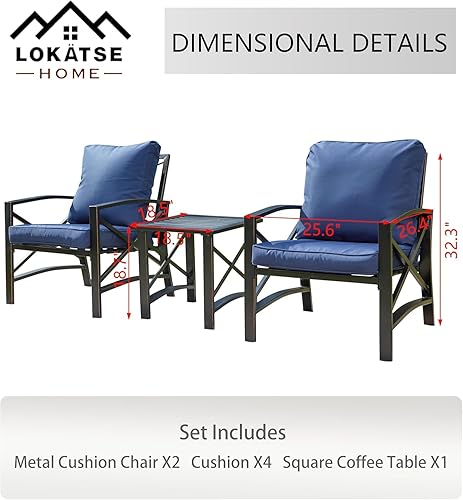 Miniatura 2 de LOKATSE HOME Juego de 3 sillas con cojín y mesa auxiliar lateral, diseño moderno de metal, muebles de exterior, color azul