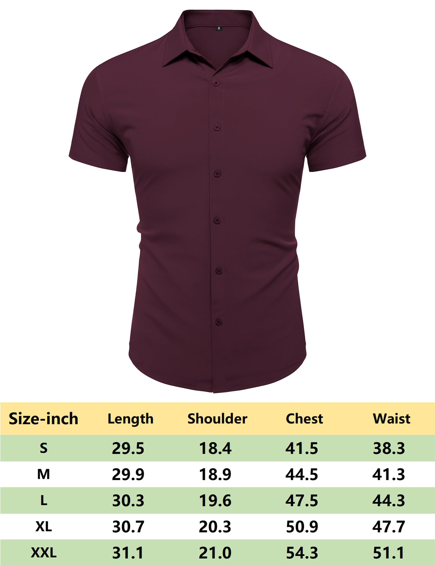 URRU Camisas de Vestir musculares para Hombre, Ajustadas, elásticas, de Manga Corta, Casuales, con Botones, para Hombre, Manga Corta-Vino Rojo, Medium