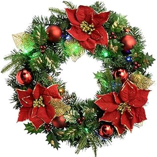 WeRChristmas Pre-Lit Decorated Wreath Illuminated with 20 Multi-Colour LED Lights, 60 cm - Red/Gold