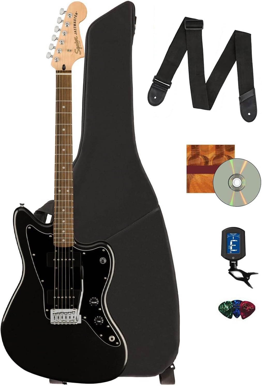 Fender Squier Affinity Jazzmaster - Metallic Black Bundle with Frontman 10G Amplifier, Instrument Cable, Gig Bag, Tuner, Strap, Picks, and Austin Bazaar Instructional DVD