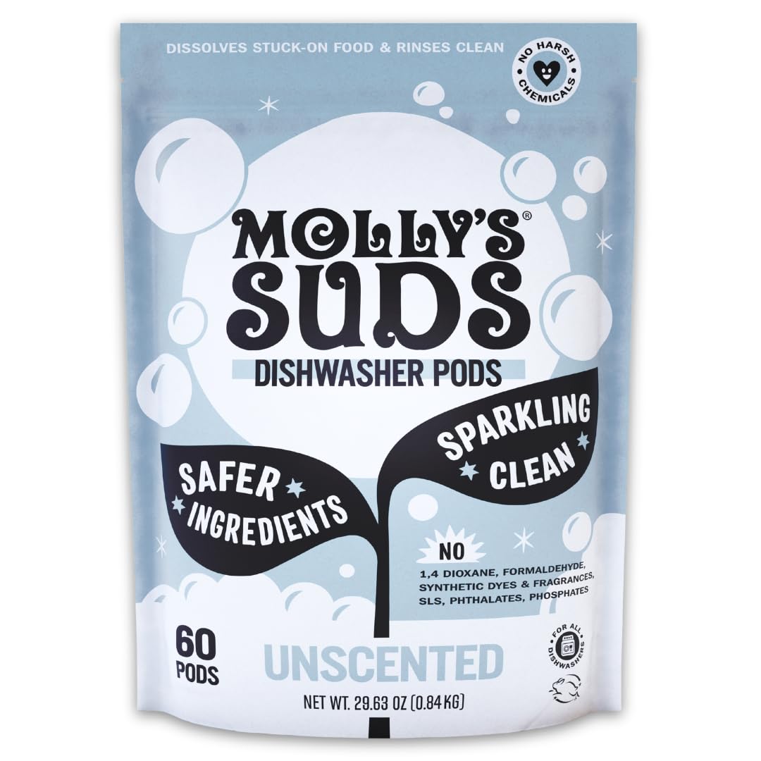 Molly's Suds Dishwasher Pods | Natural Dishwasher Detergent, Cuts Grease & Rinses Clean (Residue-Free) for Sparkling Dishes, Biodegradable Auto-Release Tabs (Fragrance Free - 60 Count)