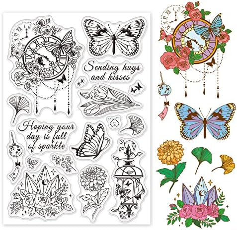GLOBLELAND Dragonfly Pattern Flowers Clear Stamps Silicone Stamp Seal Transparent Seals for Card Making Decoration and DIY Scrapbooking