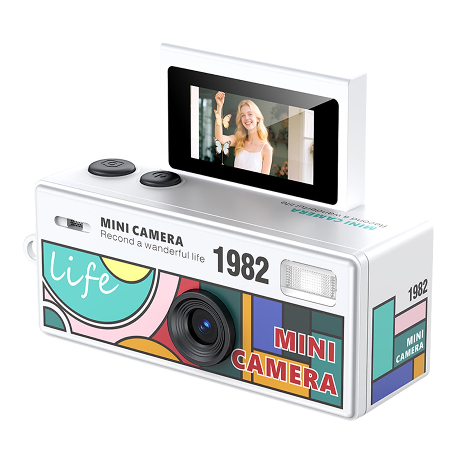 Keychain Digital Camera, 1080P HD Flip Screen Retro Mini Camera, Portable Thumb Camera with 130° Wide Angle, Video Recording & Photo Shooting Bag Charm for Travel Recording, Gift for Kids Adults(White