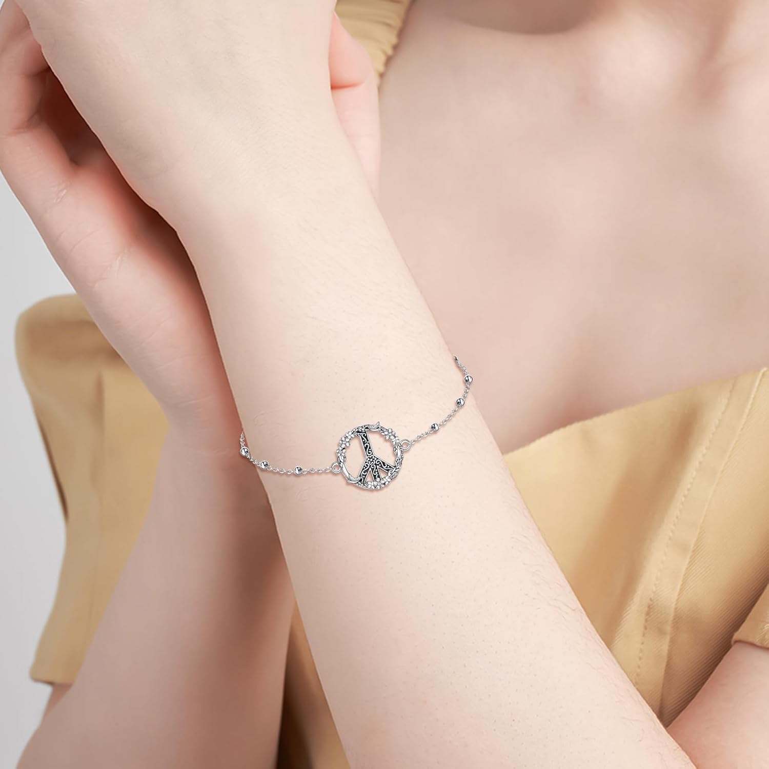 VONALA Peace Sign Bracelet 925 Sterling Silver 14K White Gold Plated Peace Sign Pendant Jewelry for Women