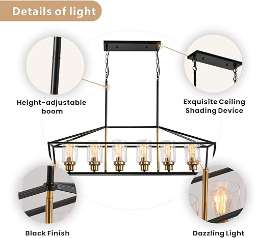Miniatura 5 de Iluminación negra para isla de cocina, 6 luces, moderna casa de campo, comedor, lámpara de araña lineal rectangular con pantalla de vidrio sembrado