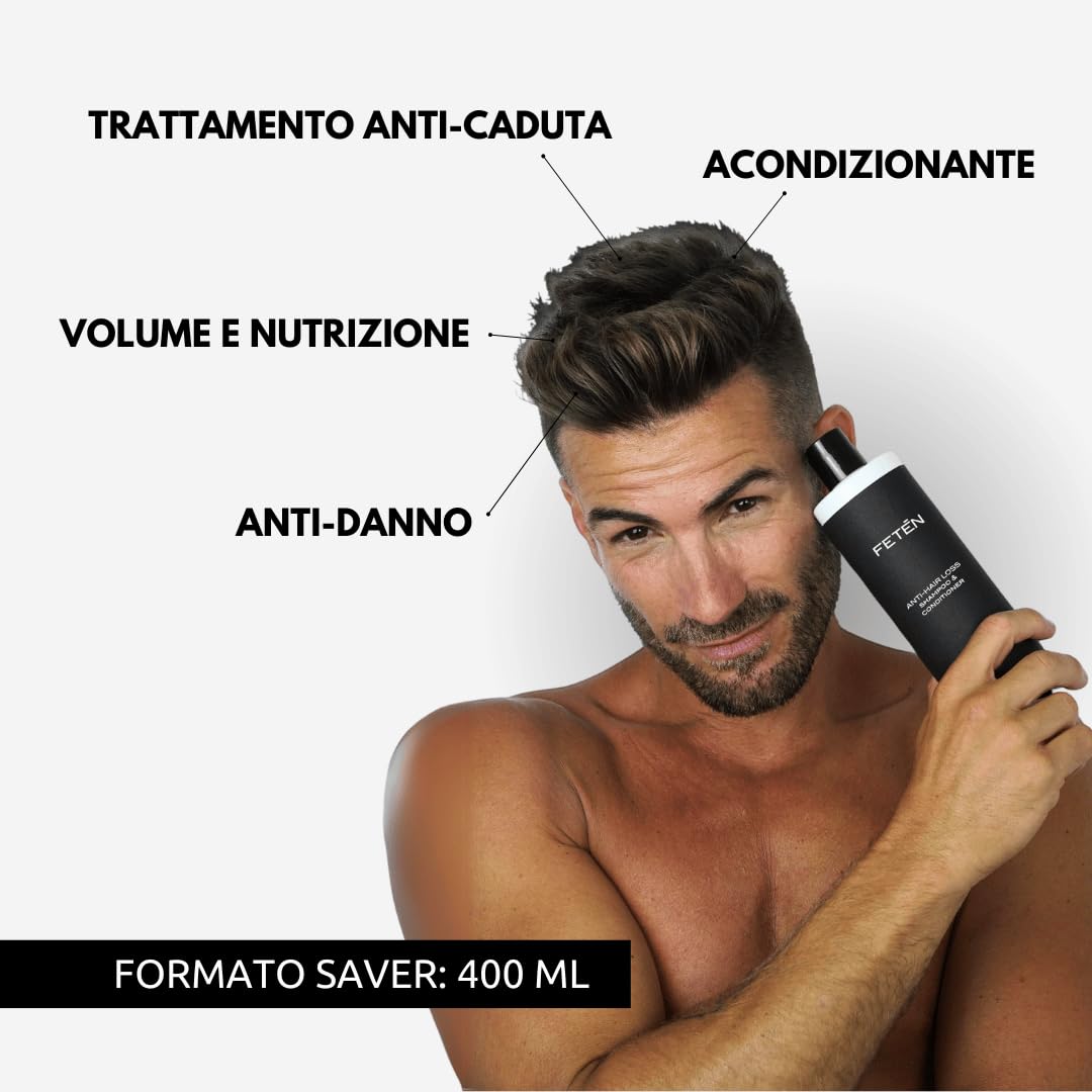FETEN Shampoo Anticaduta per Uomo 400 ml, Lozione e Balsamo Volumizzante per Capelli Fini e Delicato, Trattamento Rinforzante Anti Caduta e Ricrescita, Shampoo Professionale per Lavaggi Frequenti