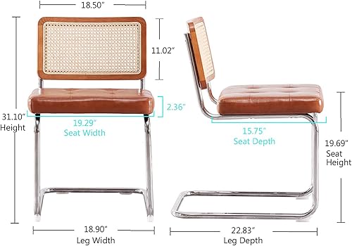 Miniatura 7 de QQXX Juego de 2 sillas de comedor de ratán modernas de mediados de siglo con respaldo de bastón, cómoda silla de escritorio tapizada de cuero con