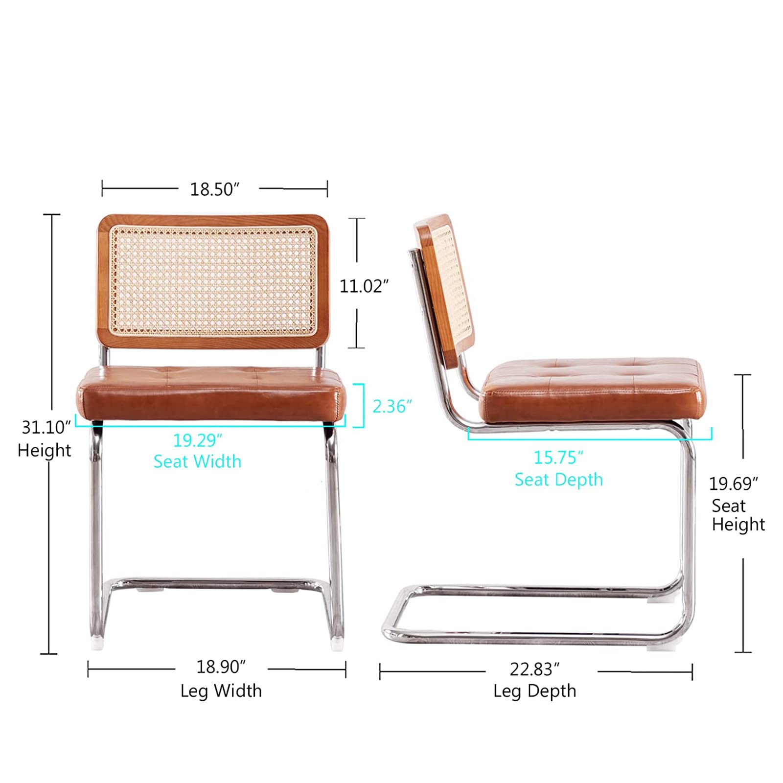 Mid Century Rattan-Stuhl-Set, 2 gepolsterte Esszimmerstühle mit Rückenlehne und Metallbeinen für Küche, Esszimmer, moderne Kaffeestühle