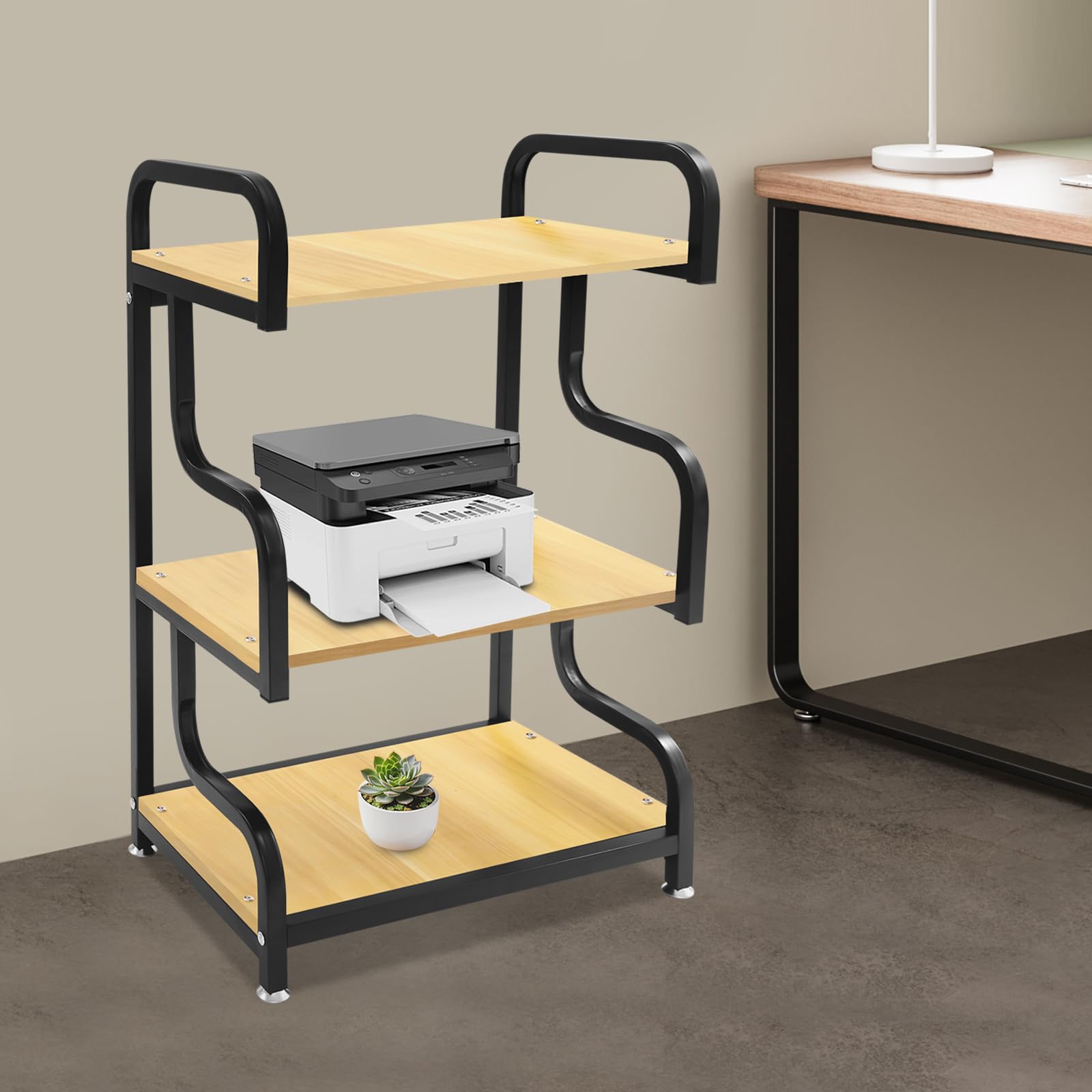 3-stufiger Druckerständer mit Ablage, Robustes Druckerregal, 60x40x94cm Standregal für Büro & Home Office, Hohe Tragfähigkeit bis 20kg pro Ebene, Schwarz