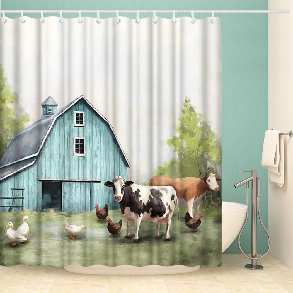 Farmhouse Barn Shower Curtain Rustic Country Bathroom Decor Barn Farm Animal Bath Curtain Vintage Rural Landscape Bathroom Decor Waterproof Polyester 72x72 Inches (Green)