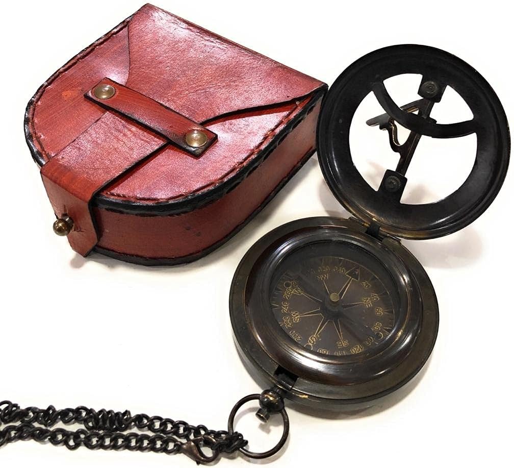 Antique Brass Sundial Compass with Leather Case, Steampunk Nautical Navy Souvenir Compass, Graduation, Baptism, Birthday, Anniversary, Motivational Gift for Camping, Travelling, Boating Equipment