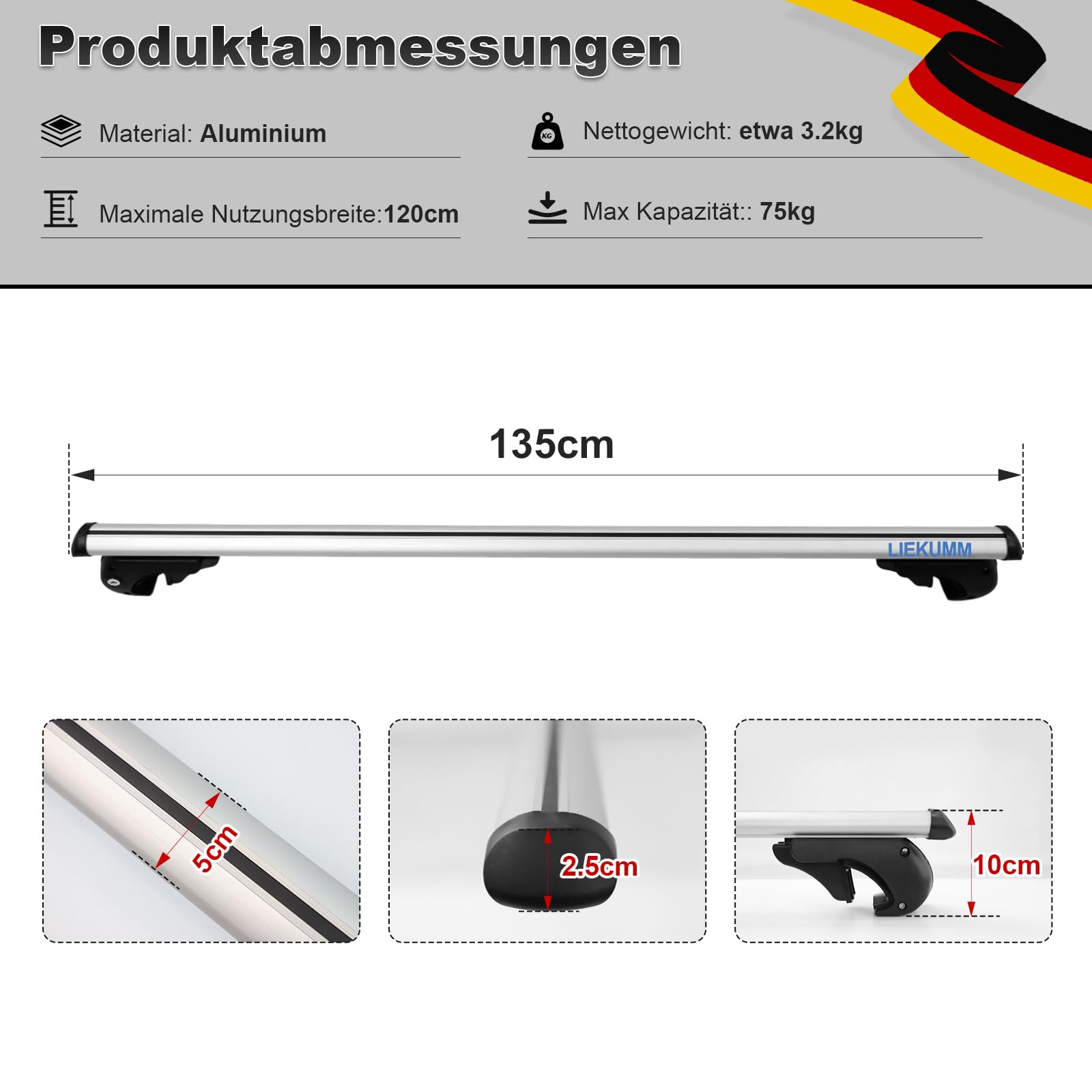 LIEKUMM Dachträger Universal 135cm, 2er-Pack Dachträger Geschlossene Reling, bis 120 cm Breit Nutzbar Aluminium Relingträger für offene Dachrelinge, Vormontiert, Inklusive Schloss