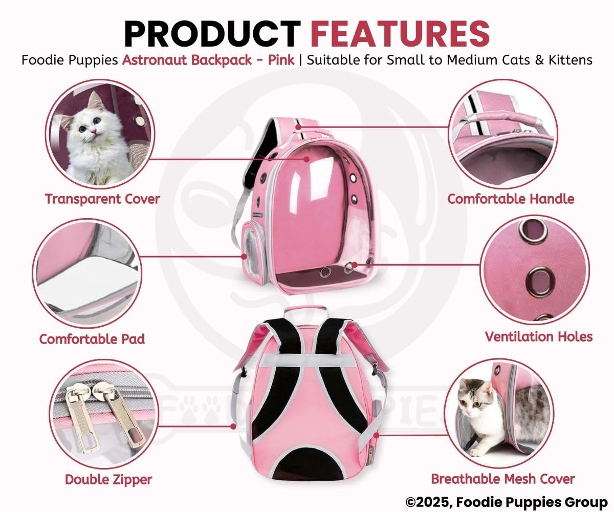 Foodie Puppies Cat Carrier Astronaut Transparent Backpack for Small Dogs, Puppies, Cats and Kittens (Pink) | Travel, Hiking & Outdoor Pet Airline-Approved Bag with Breathable Design (40 x 35 x 24 cm) 2