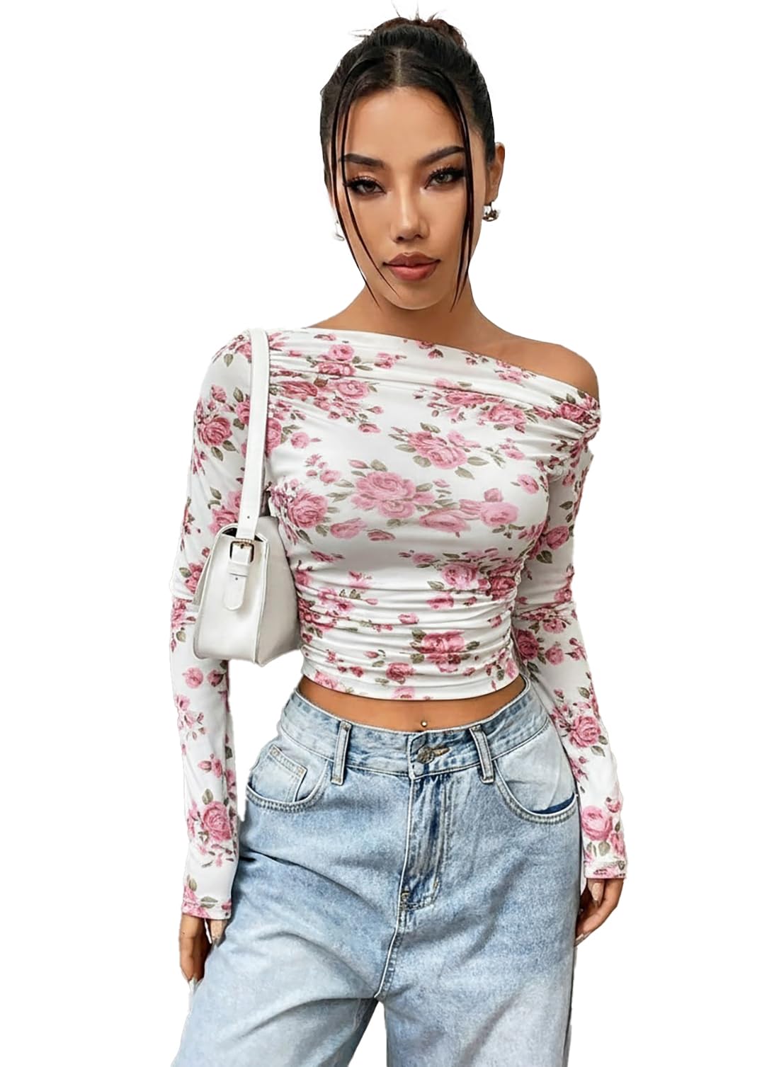 Floral Print Power Net Full Sleeve Asymmetric Collar Pleated Cropped Top for Women | Slim Fit Stylish Crop Top with Lining | Casual Top-image-36