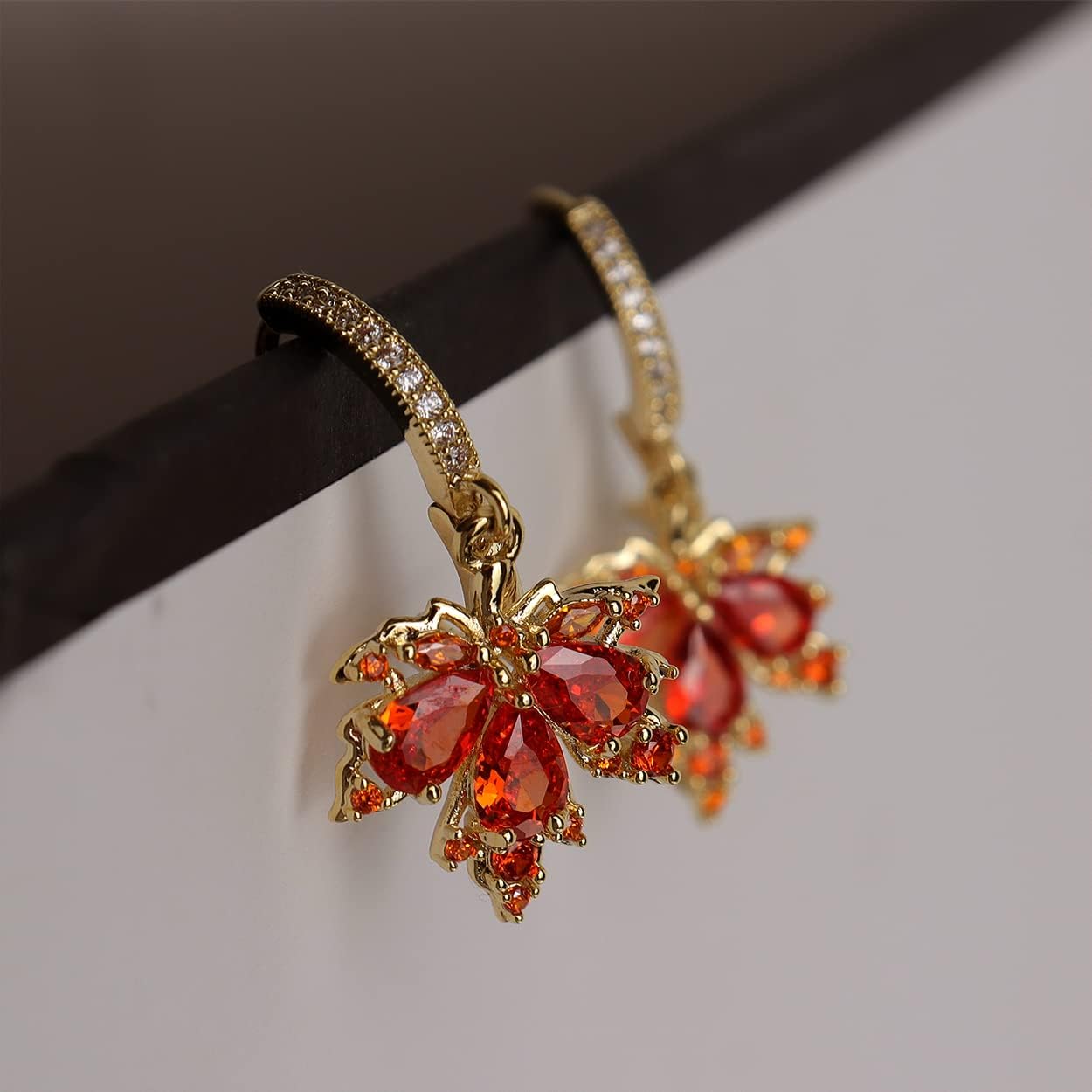 Maple Leaf Small Hoop Gold Earrings for Women, Orange Rhinestone Fall Leaves Autumn Dangle Drop Earing Holiday Fashion Jewelry Gift - Image 4