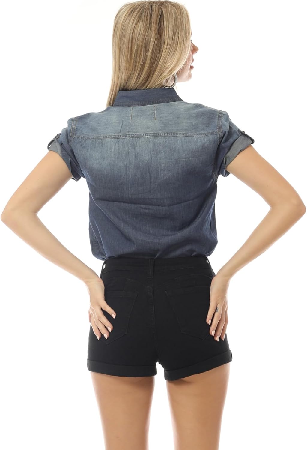 Design by Olivia Women's Cap Sleeve Button Down Denim Chambray Shirt - Image 6