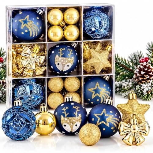 35 Piece Christmas Tree Ornaments Set Decorative Balls with Stars Bows and Reindeer Designs for Holiday Decor Navy Blue and Gold - image 1