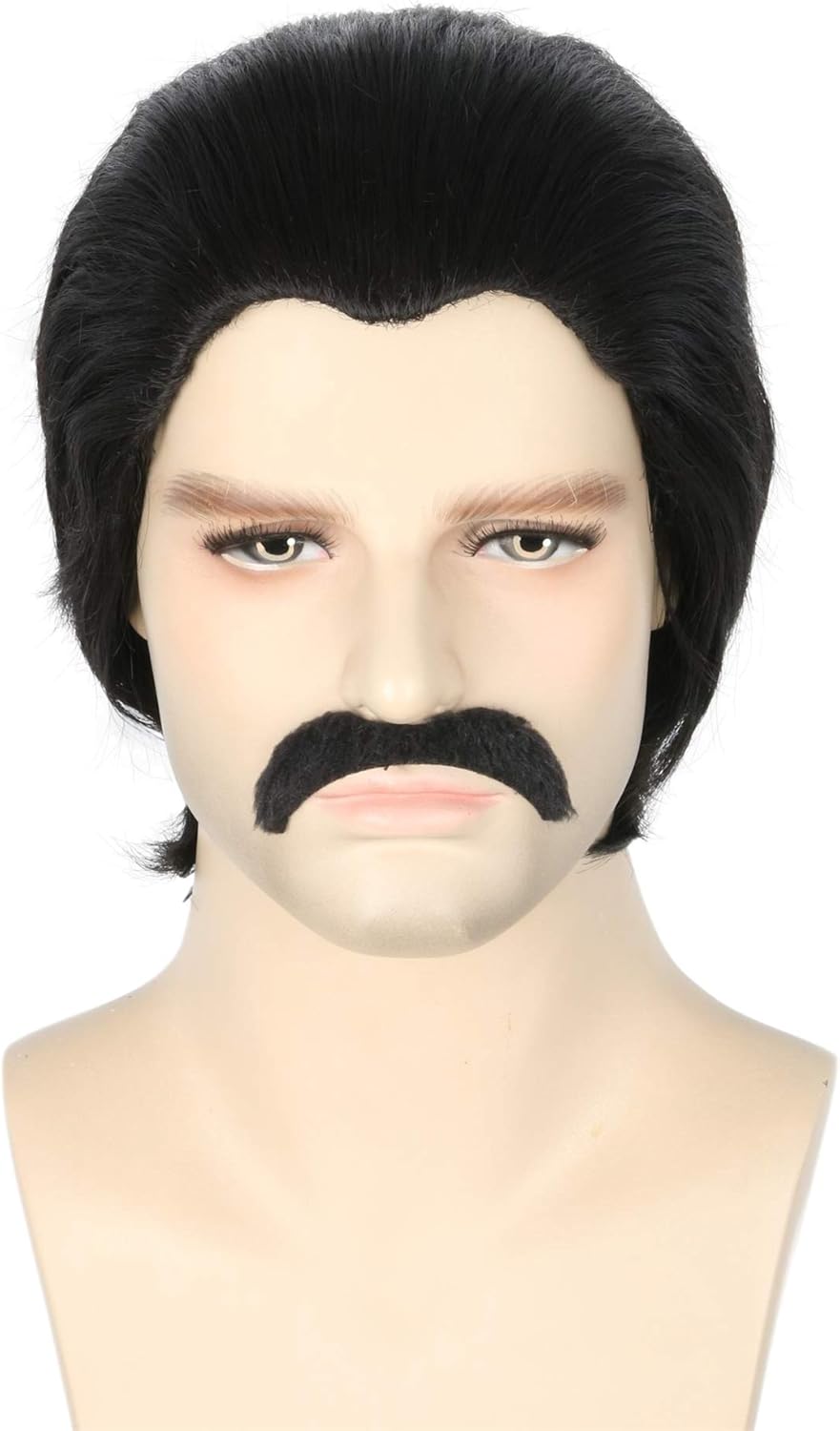 Topcosplay Men's Black Wig Short Cosplay SlickedBack Wig with Mustache